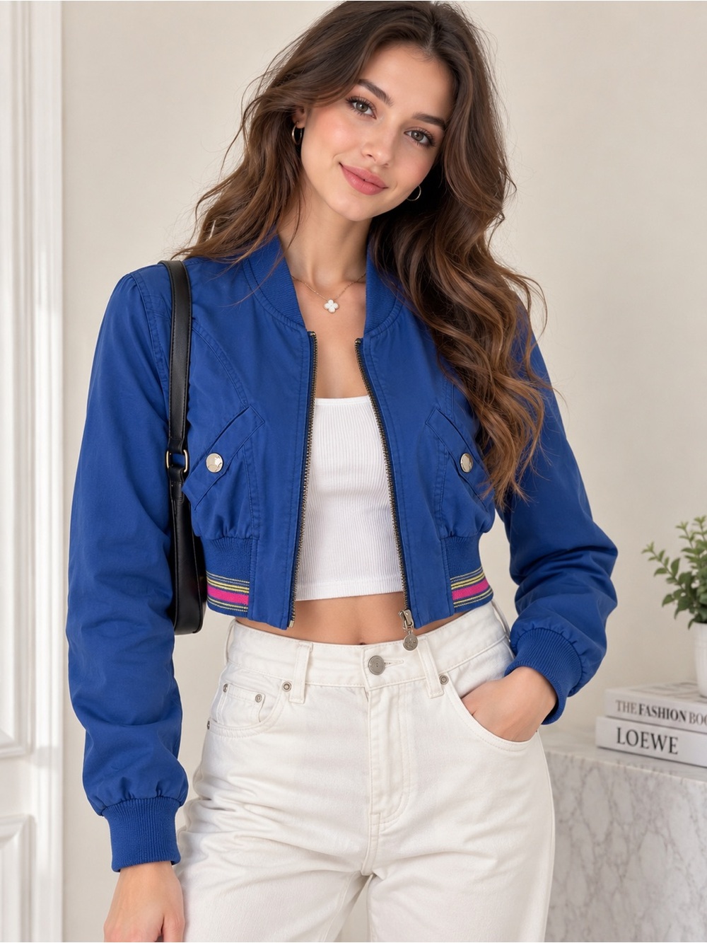 Metersbonwe Blue Cropped Bomber Jacket Striped Hem Size 160/84A
